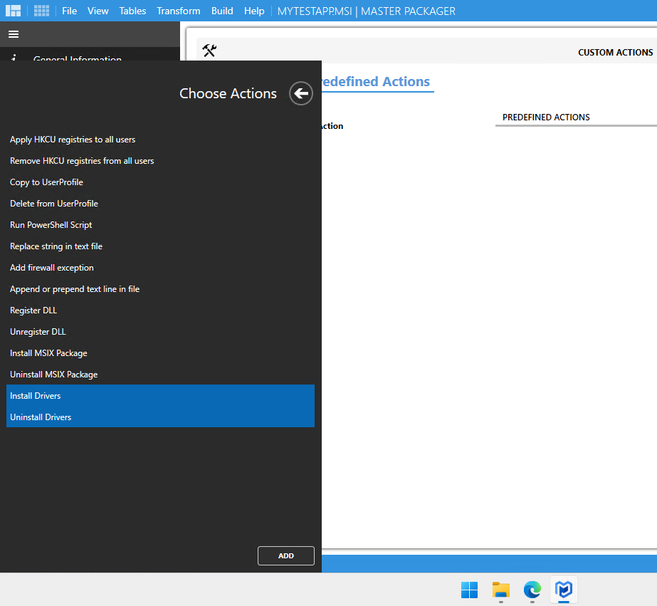 List of Mater Packager Predefined Custom Actions