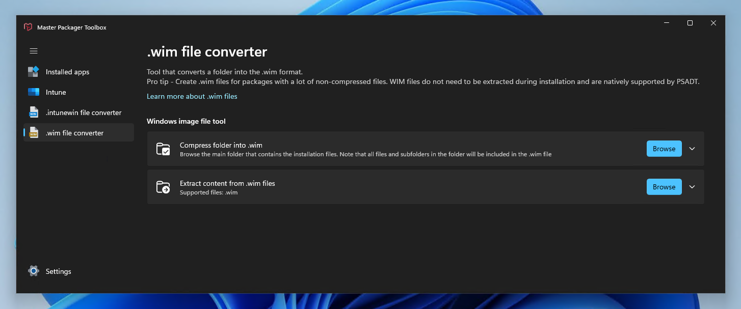 Wim file converter in Master Packager Toolbox