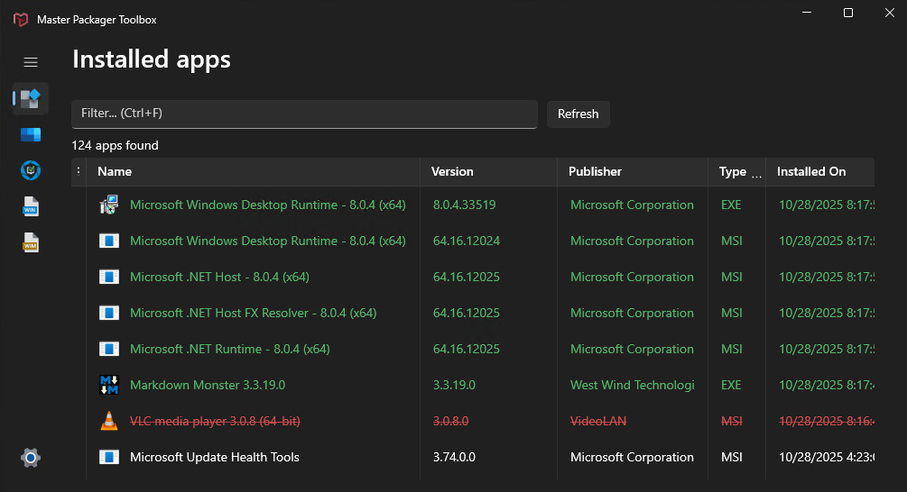Master Packager Toolbox - Installed apps