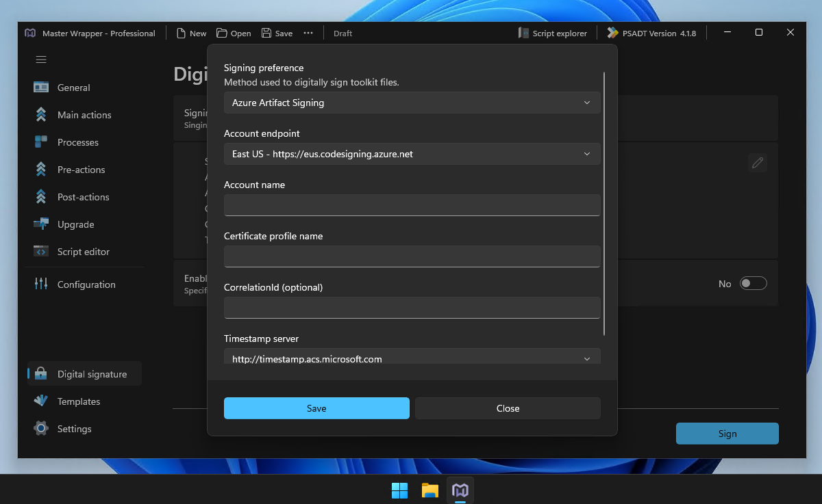 Azure Artifact Signing naming throughout Master Packager Suite apps