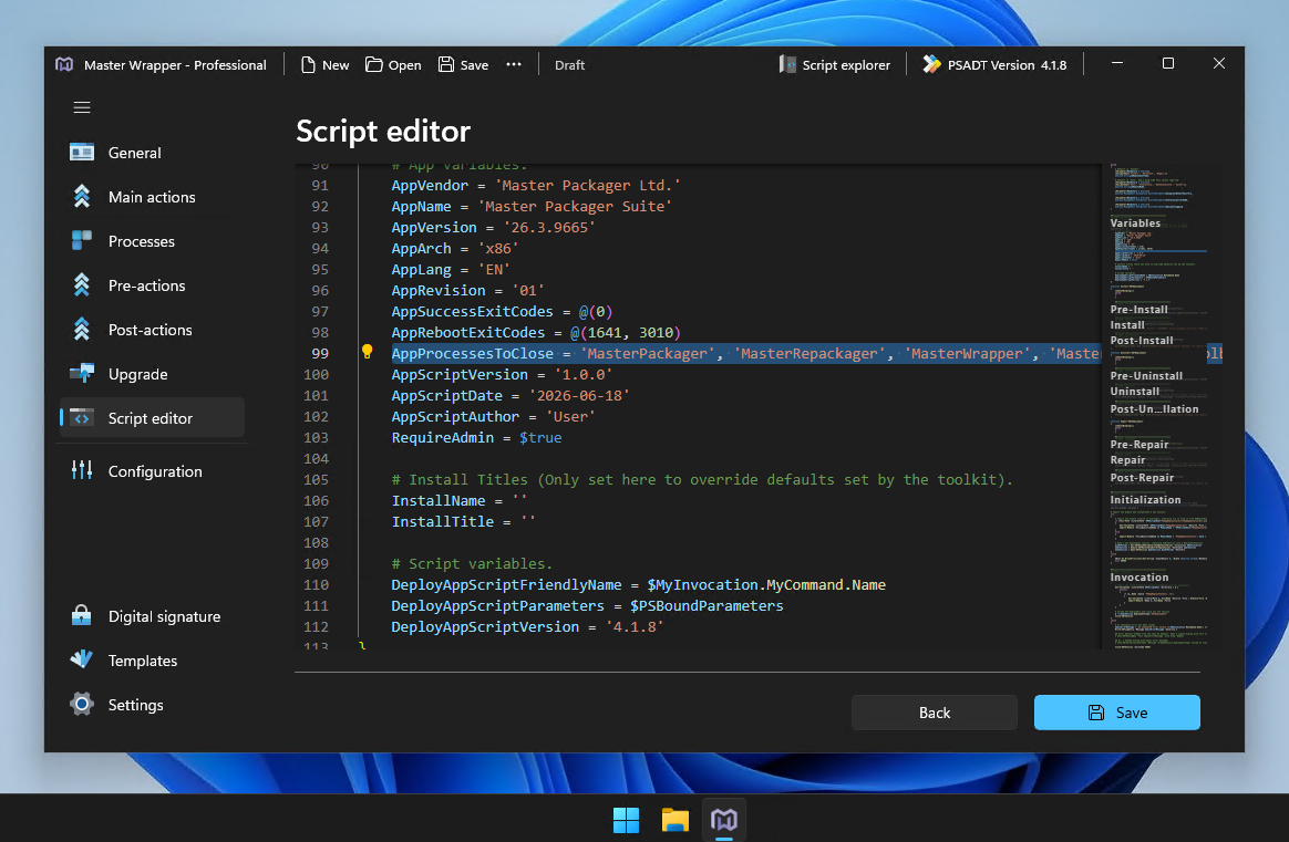 New Processes to close view changes visible in Script editor in Master Wrapper