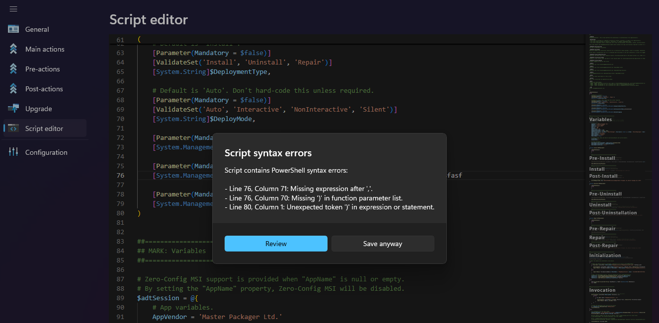 Warning if PSADT script contains syntax errors before saving