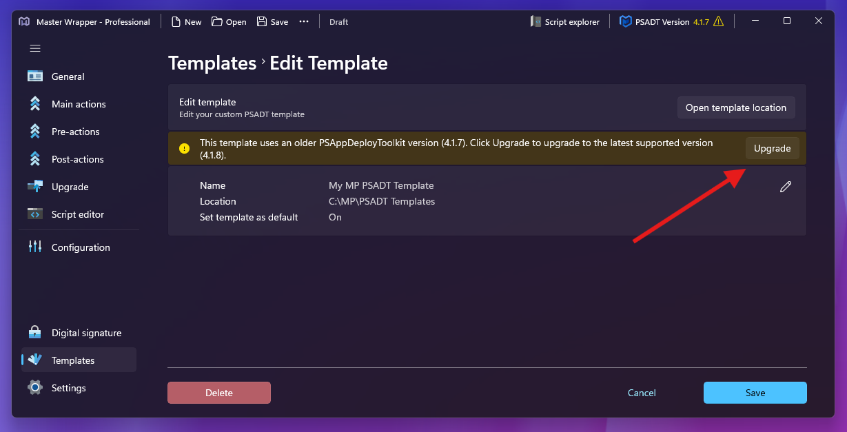 PSADT template upgrade button in Master Wrapper Templates