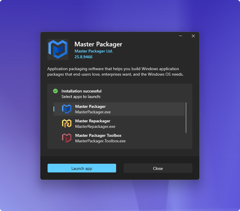 Installation end view view for installers created by Master Packager Dev
