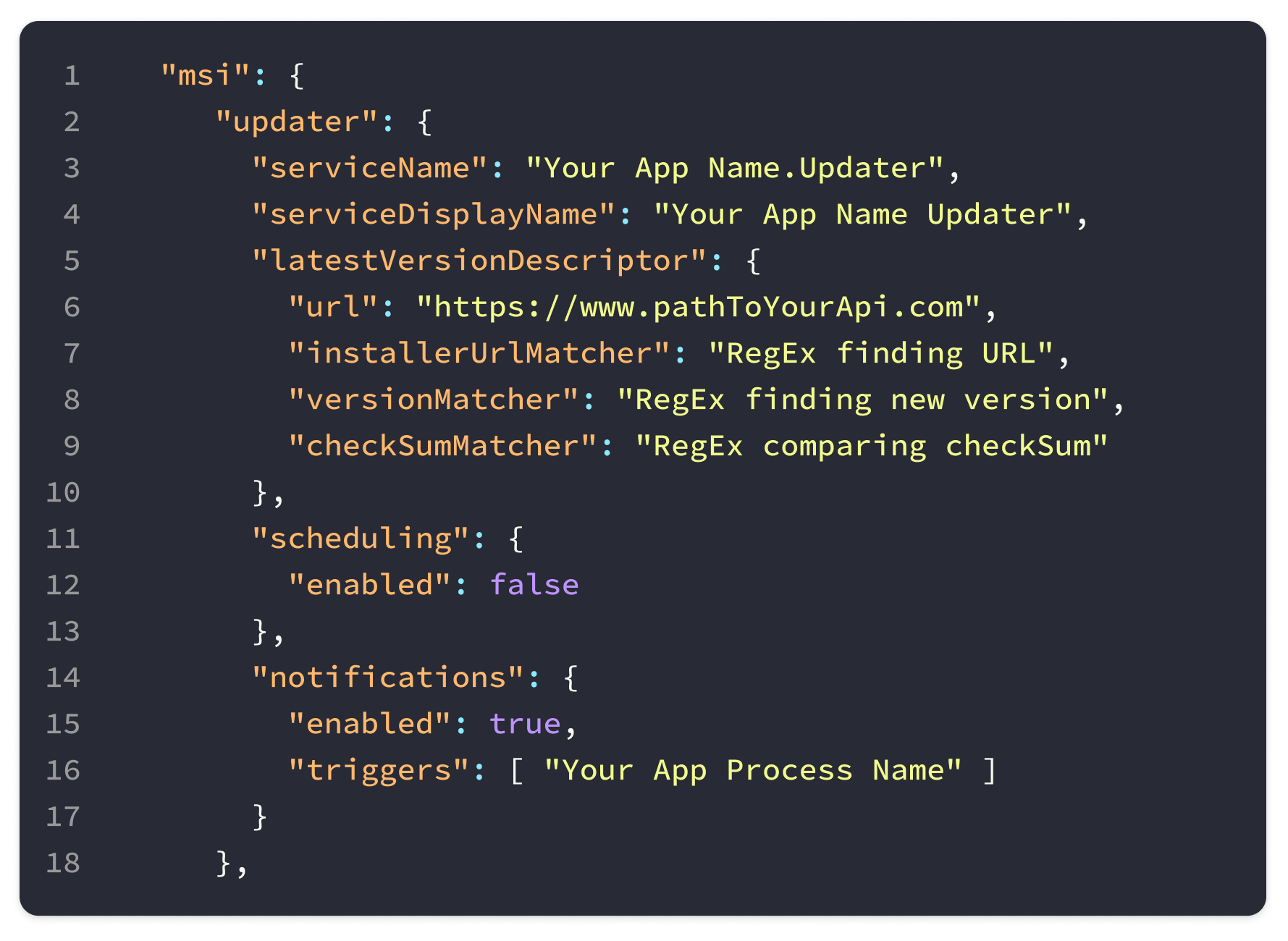 JSON code snippet that enables installer auto-updates.