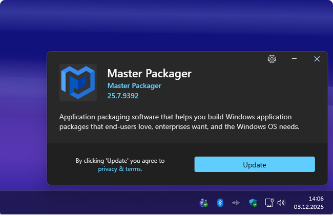 Master Packager Dev auto-updater component in actions that shows notification to the user when new version of the app is available.