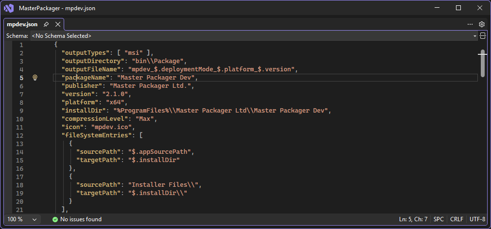 Picture of Visual Studio showing to add JSON Schema at top of the JSON file in Schema textbox.